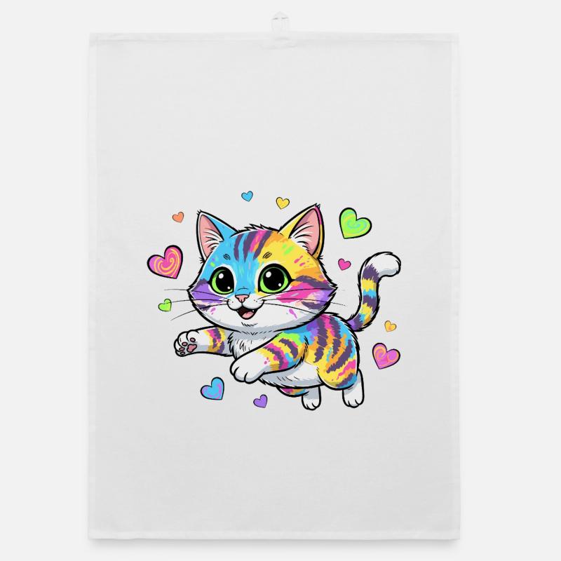 Rainbow Cat with Hearts Organic dish towel