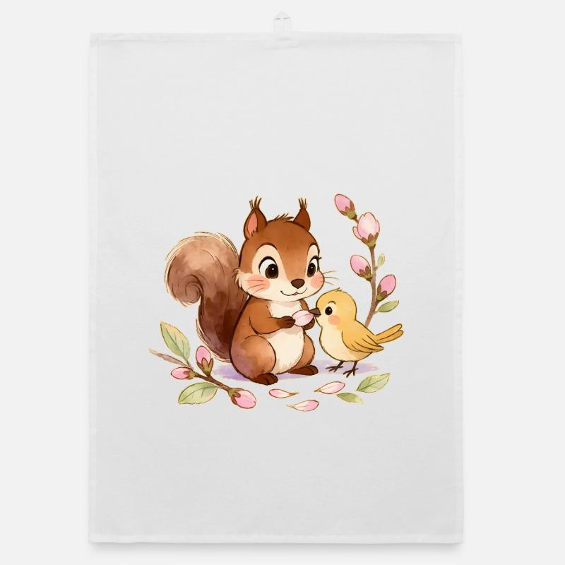 Eichhörnchen und Vogel zwischen Blumen – 🐿🐦 Aquarell Organic Geschirrtuch