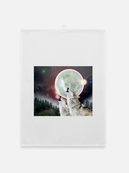 Wolves Howling Moon Eclipse Wolf Art - Organic dish towel - white - Front