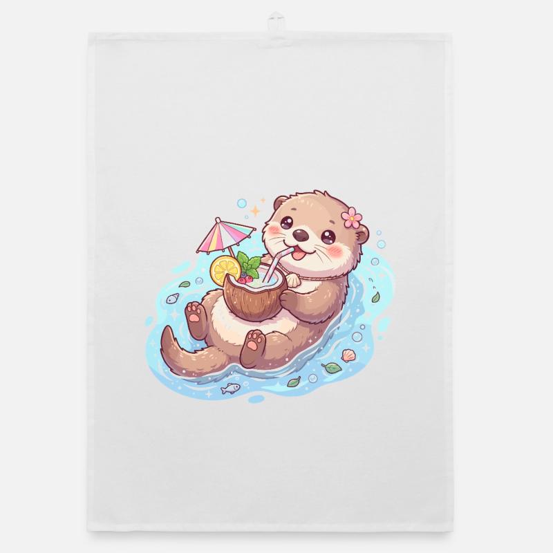 Cute Kawaii Otter Floating with Coconut Drink Organic dish towel