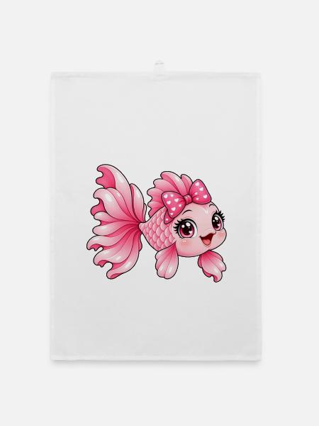 Kawaii Pink Fish mit Schleife und Herzen - Organic Geschirrtuch - Weiß - Vorne