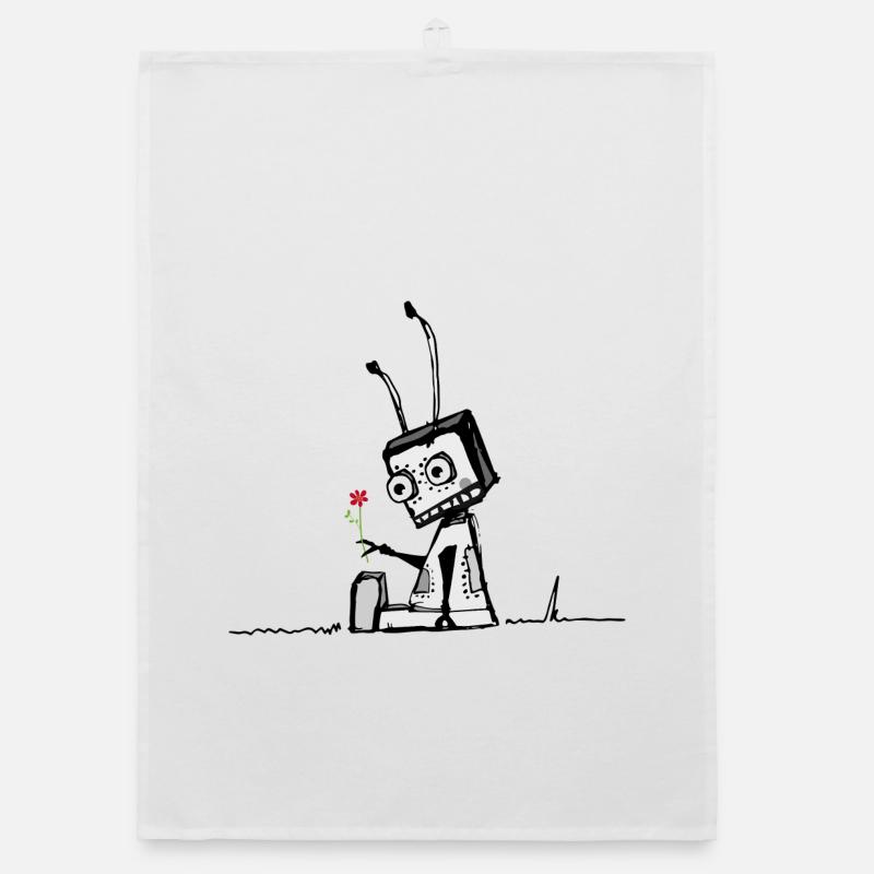 A robot with a flower - Organic dish towel - white