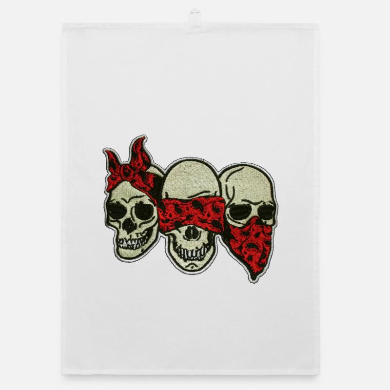 Three Skulls with Red Eye Mask / Three Skulls - Organic dish towel - white
