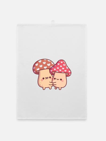 Cute Hugging Mushroom Toadstool Couple - Organic dish towel - white - Front
