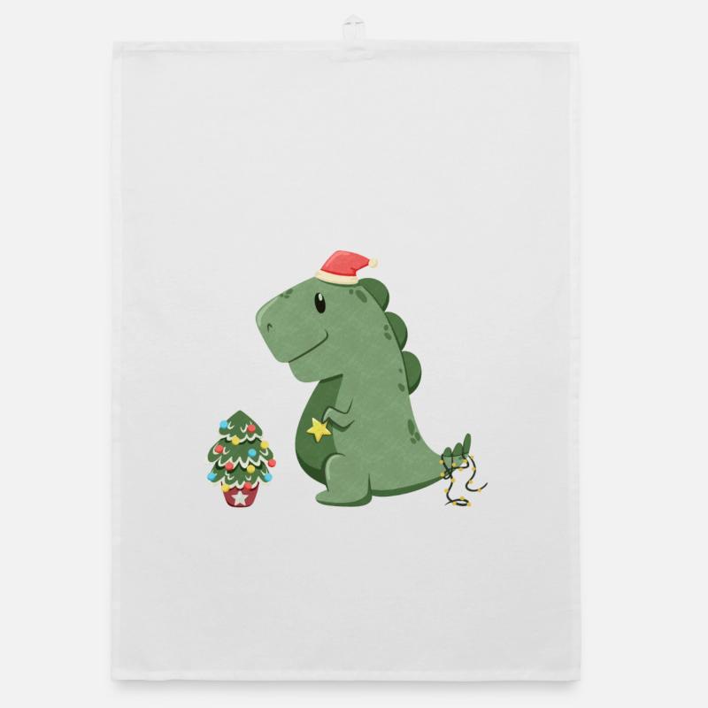 Cute dinosaur decorating his Christmas tree Organic dish towel