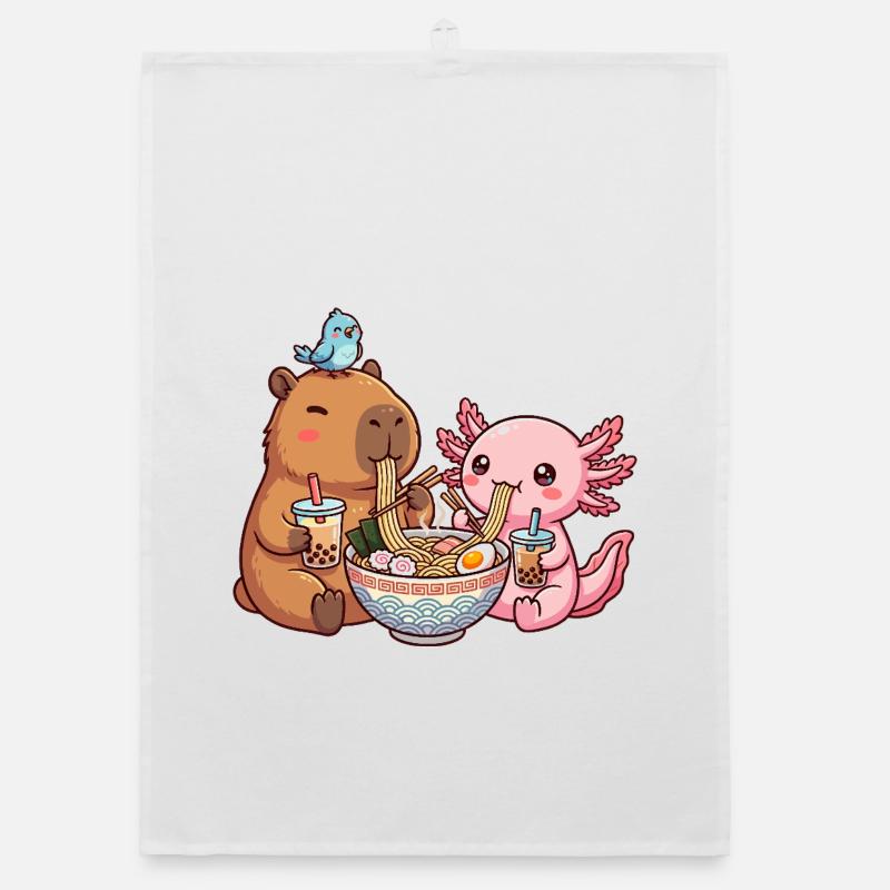 Kawaii Capybara Axolotl Ramen Bubble Tea - Organic Geschirrtuch - Weiß