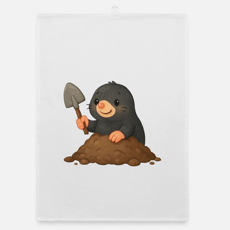 Cute mole with shovel Organic dish towel
