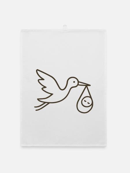 Cigogne avec bébé enfant - Arrivée minimale de bébé - Torchon bio - blanc - Devant