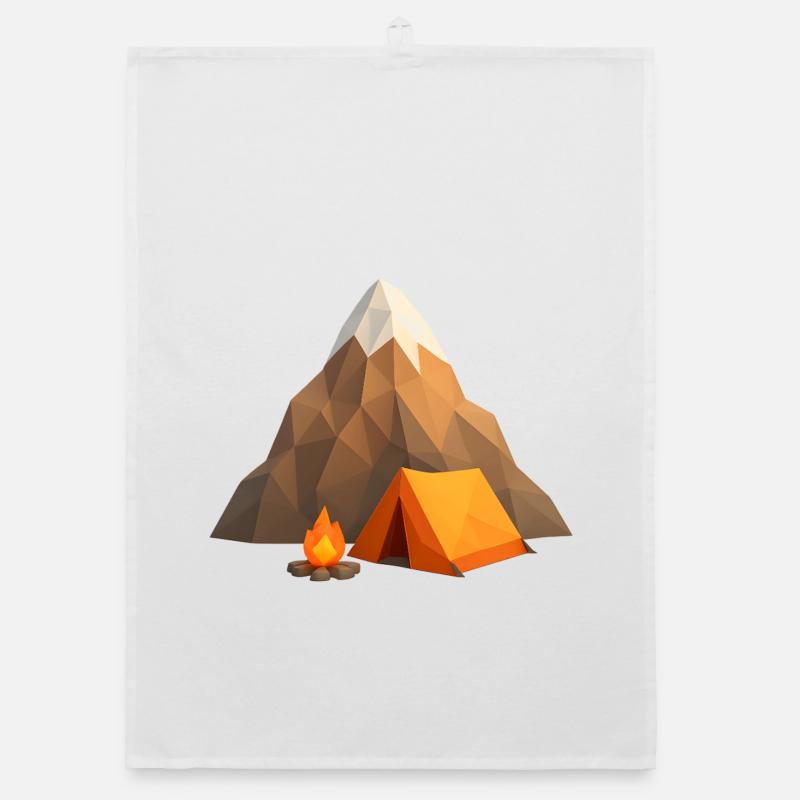 Low-poly mountain camp with tent and fire Organic dish towel