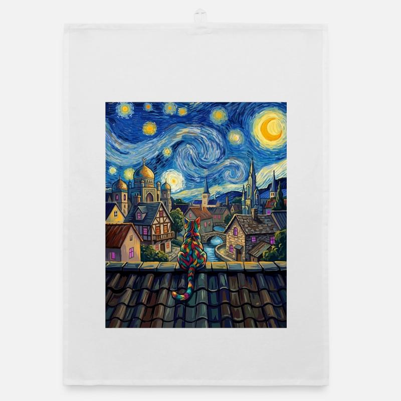 Art de Van Gogh de la Nuit étoilée du chat arc-en-ciel Torchon bio