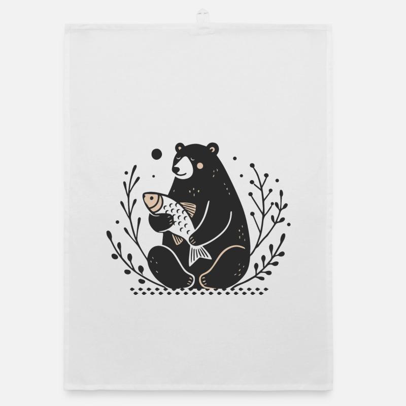 A sitting bear holding a fish Organic dish towel