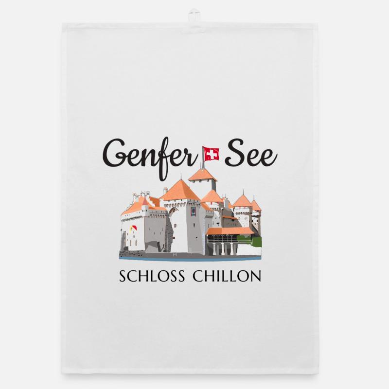 Lac Léman Château de Chillon, Suisse Dessin à la main Torchon bio
