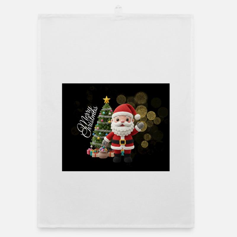 Gestrickter Santa mit Weihnachtsbaum - Organic Geschirrtuch - Weiß
