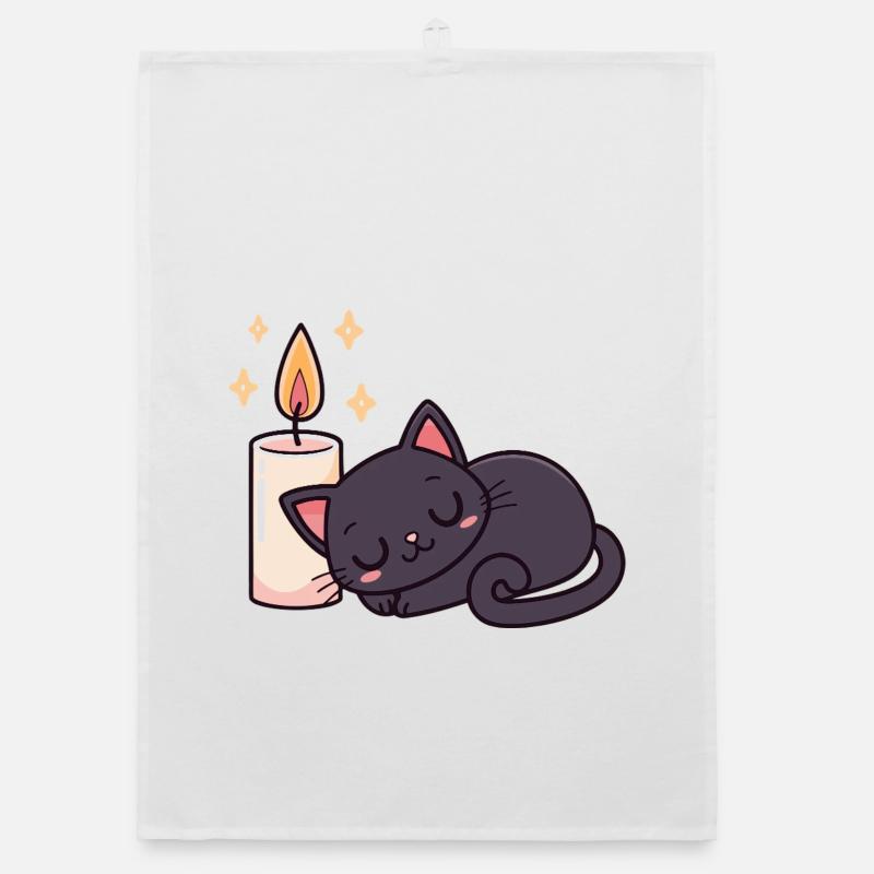 Sleeping black cat and bright candle Organic dish towel