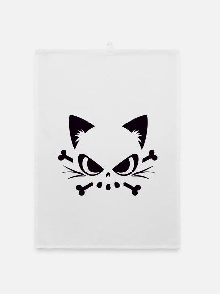 Katzen Totenkopf | Minimal Skull & Bones Motiv - Organic Geschirrtuch - Weiß - Vorne