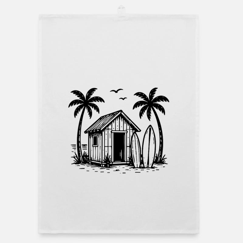 Beach Hut Surfboards Palm Trees Holidays Summer Organic dish towel