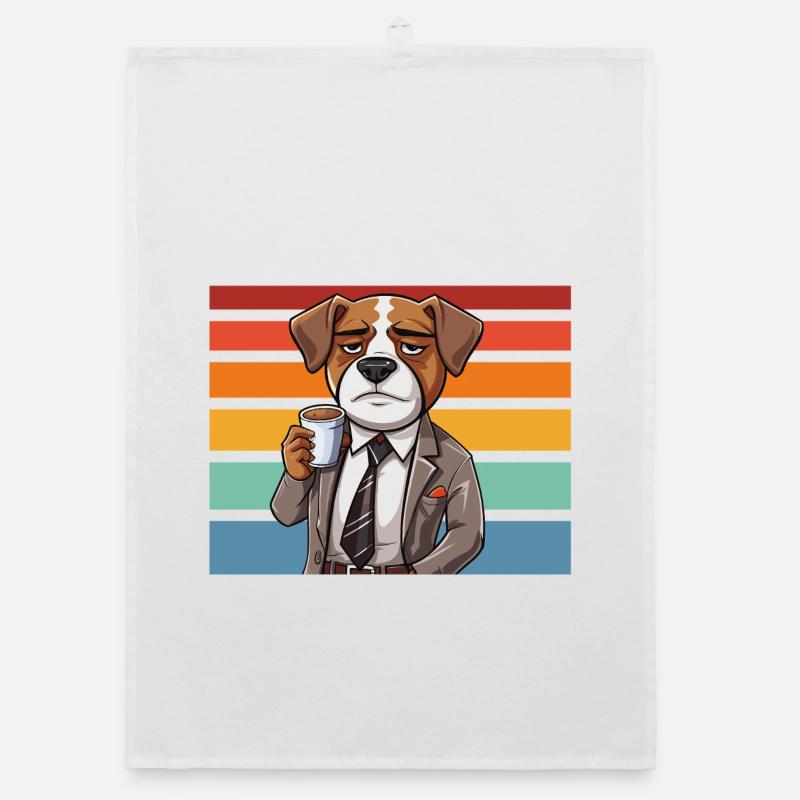 Un chien en costume devant des rayures rétro - Torchon bio - blanc