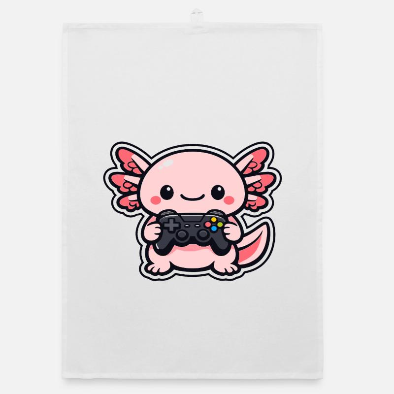 Kawaii axolotl with controller Organic dish towel