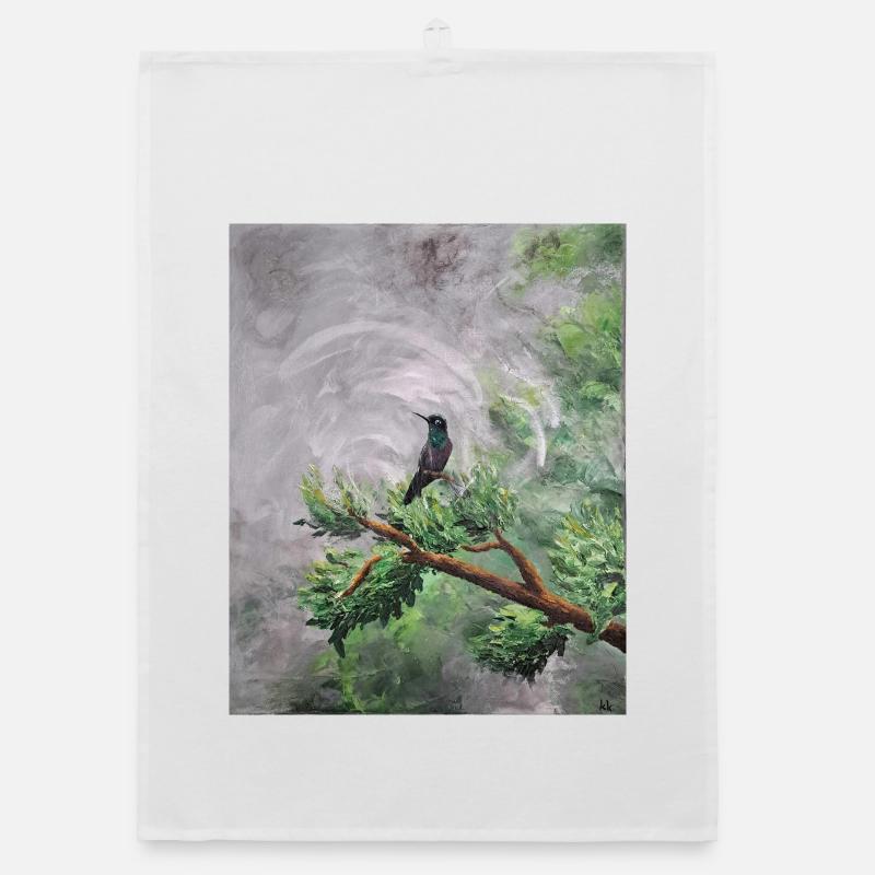 Colibri perché sur une branche feuillue Torchon bio