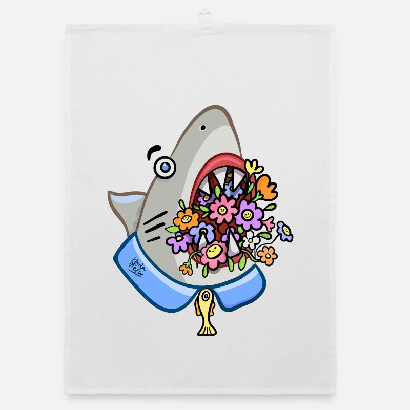 requin avec bouquet floral dans ses mâchoires - Torchon bio - blanc