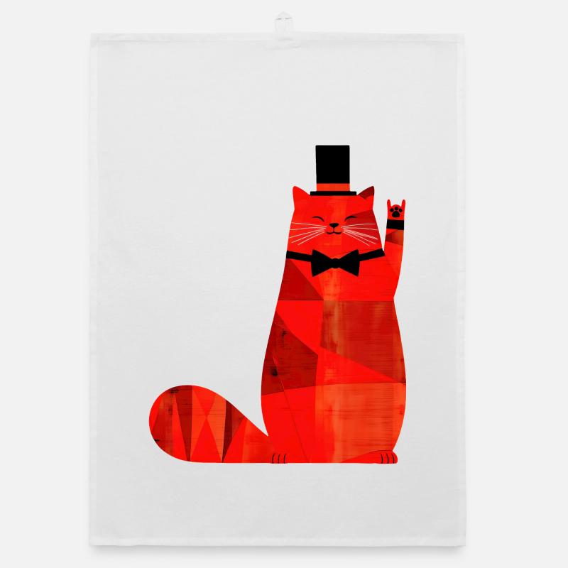 Red cat with bow tie and top hat Organic dish towel