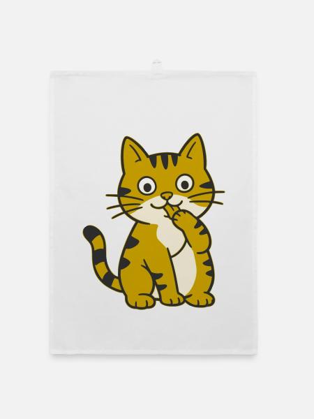 Lèche la patte, chat cartoon mignon à patte - Torchon bio - blanc - Devant