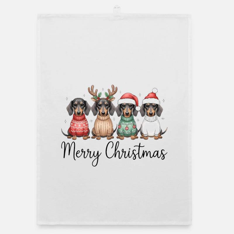 Vier Dackel, Dachshunde in Weihnachtspullover Organic Geschirrtuch