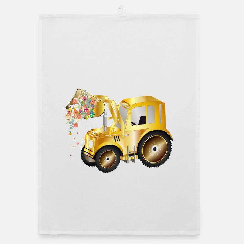 Tractor front loader with blossom flowers and greenery Organic dish towel