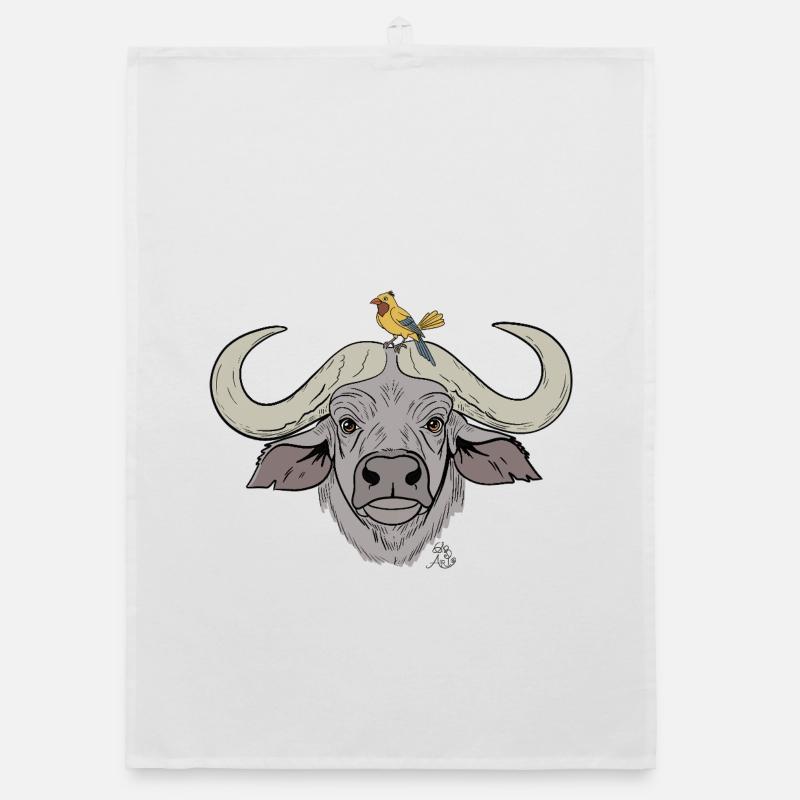 Stämmiger Büffel mit Singvogel Organic Geschirrtuch