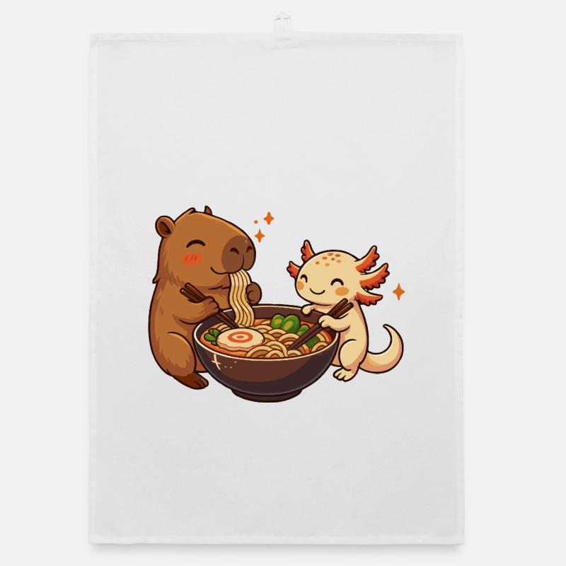 Capybara with Axolotl Eats Noodles Ramen kawaii Organic dish towel