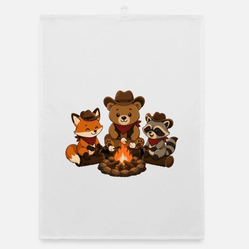 Camping animals around the campfire with marshmallows Organic dish towel