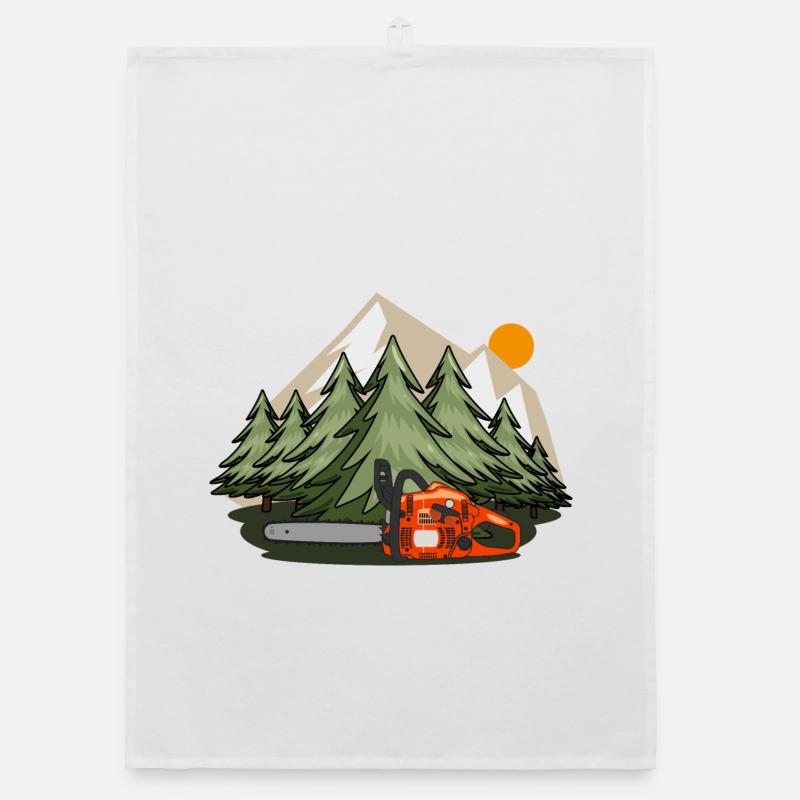 Chainsaw with forest and mountains Organic dish towel