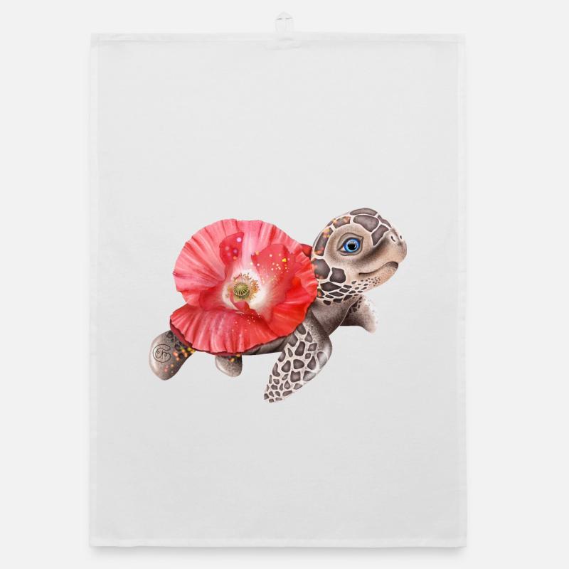 Tortue mignonne au coquelicot - Torchon bio - blanc