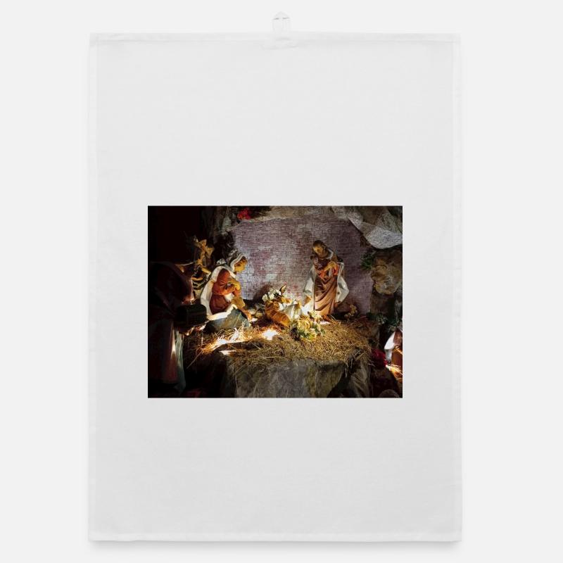 Illuminated Nativity Scene between Stones Organic dish towel