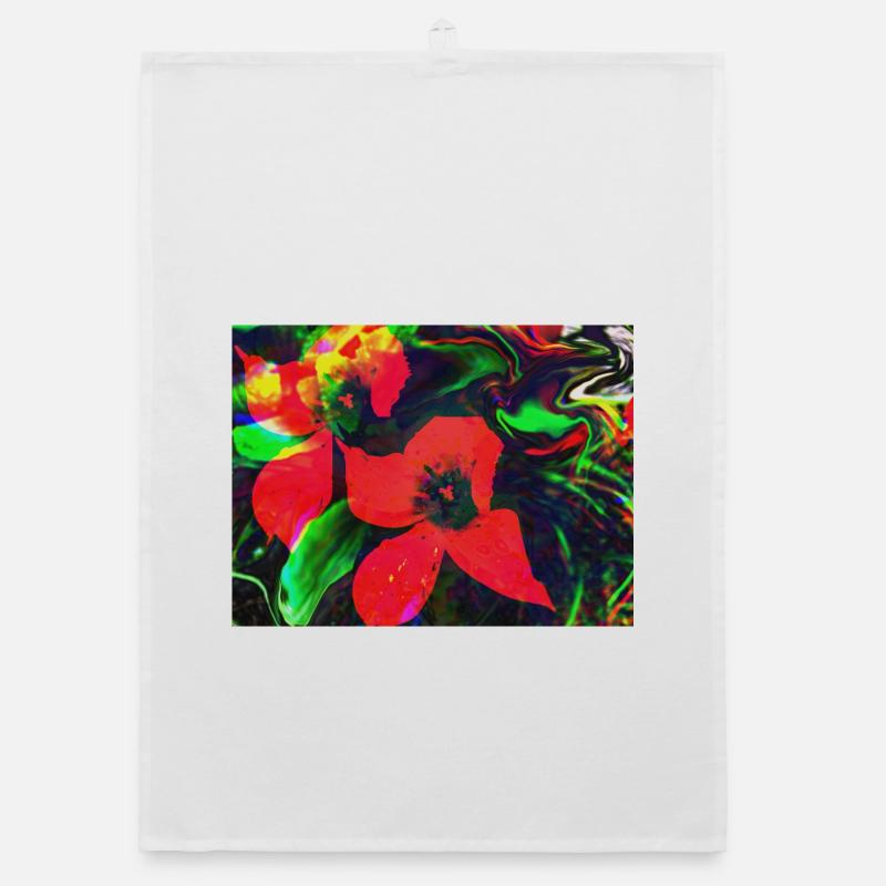 Fleurs rouge fluo dans un tourbillon de couleurs - Torchon bio - blanc