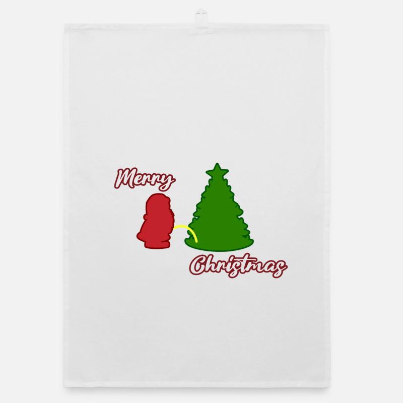Santa peeing - Christmas Tree - Weihnachtsmann - Organic Geschirrtuch - Weiß