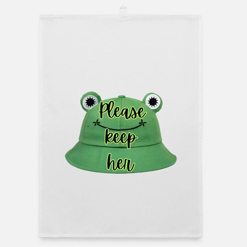 Please keep here - Frog hat - Organic dish towel - white