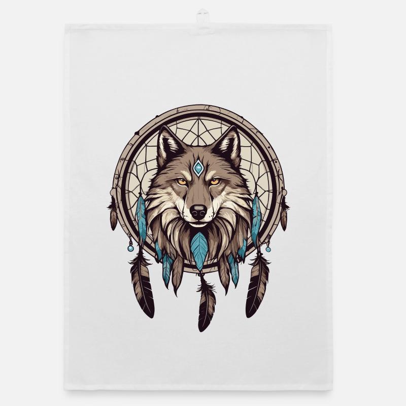 Dream catcher with wolf Organic dish towel