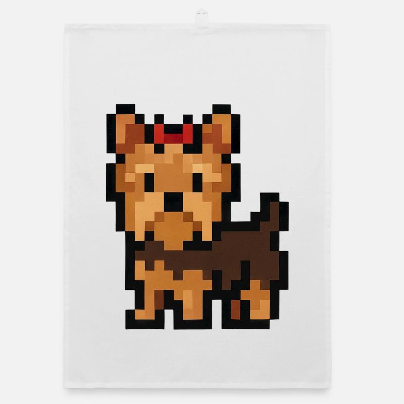 Pixel Art Yorkshire Terrier Dog with Red Bow Organic dish towel