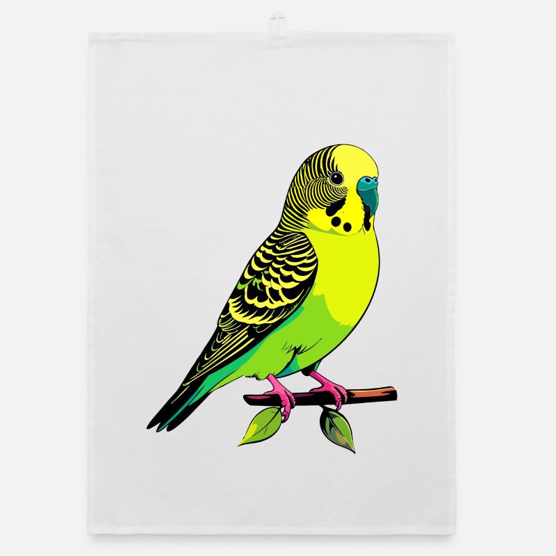 Perruche ondulée jaune-vert néon posée sur une branche Torchon bio