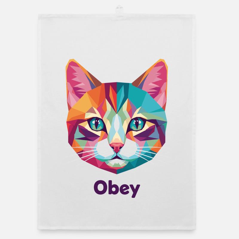 Geometric Cat Head with Obey Text Organic dish towel