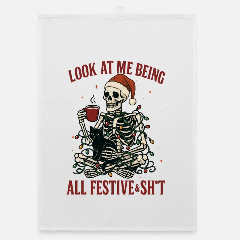 Festive Skeleton Cat Lights Organic dish towel