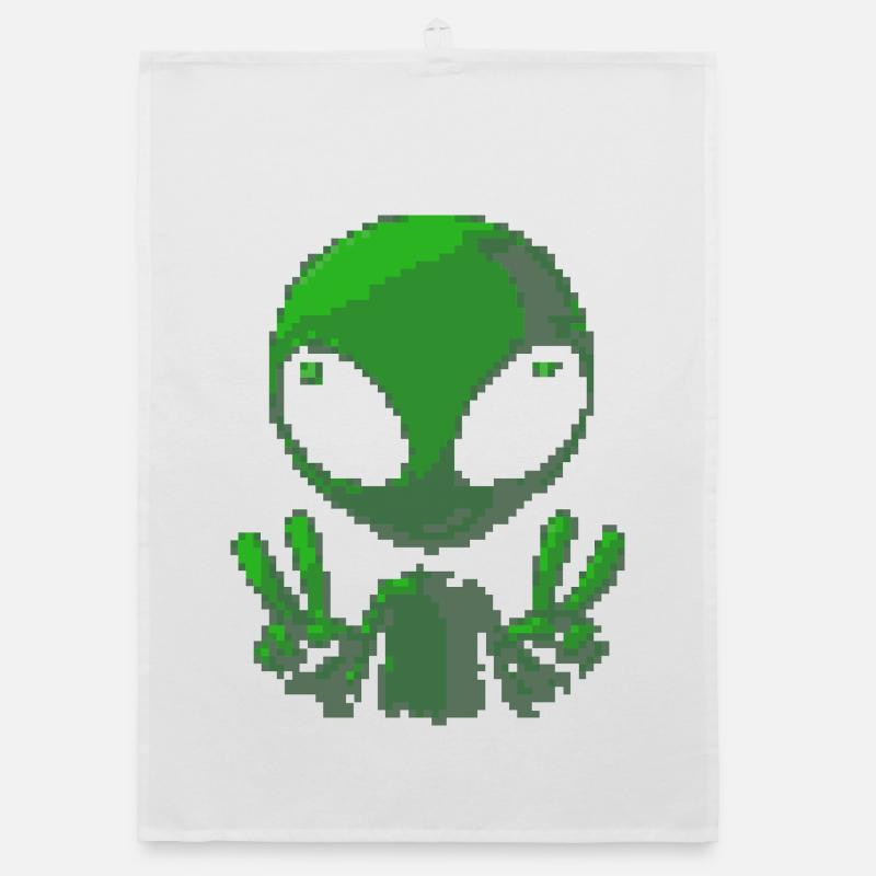 Pixel Green Alien Peace Sign Organic dish towel