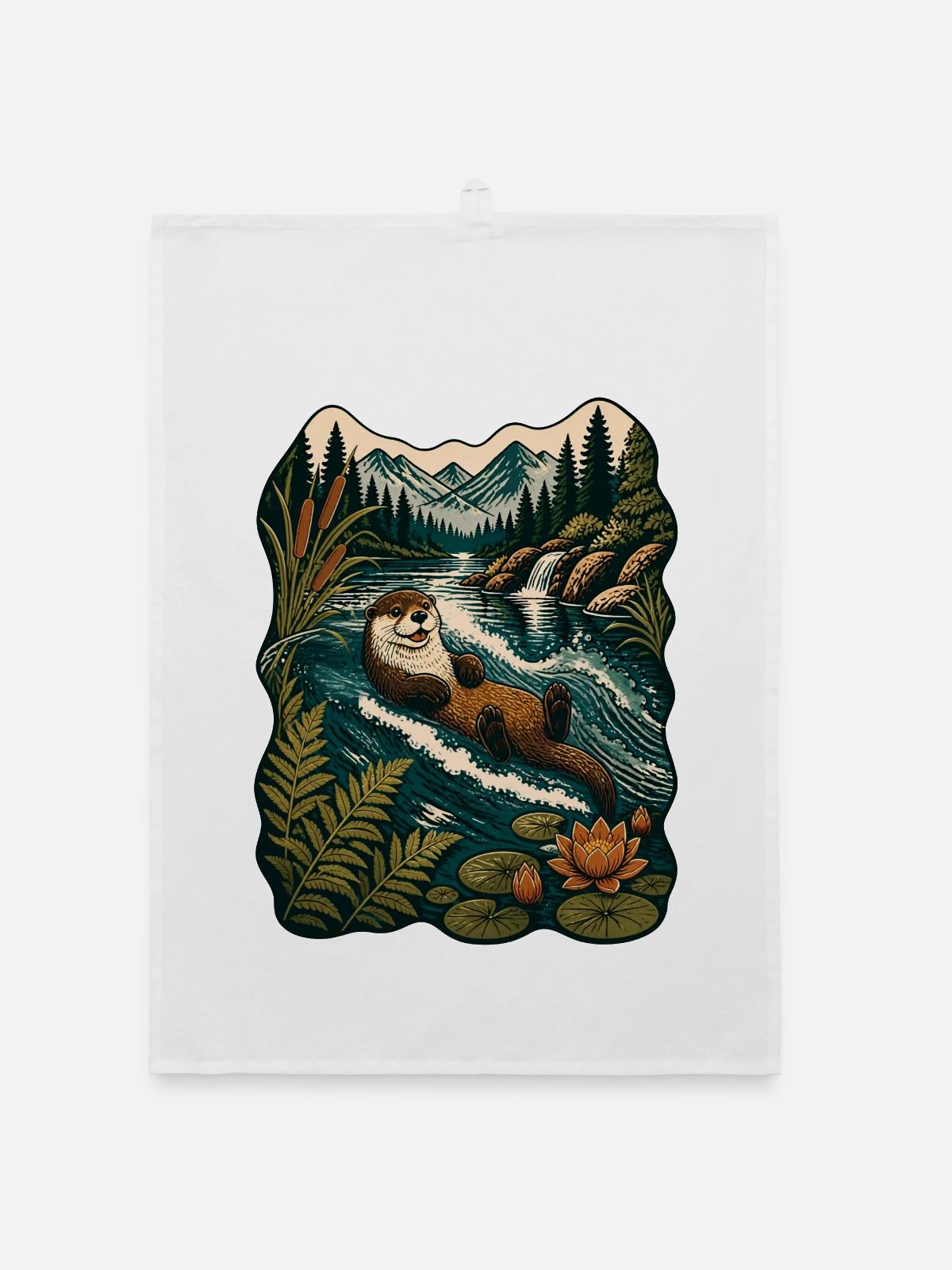 Otter im Waldfluss - Organic Geschirrtuch - Weiß - Vorne