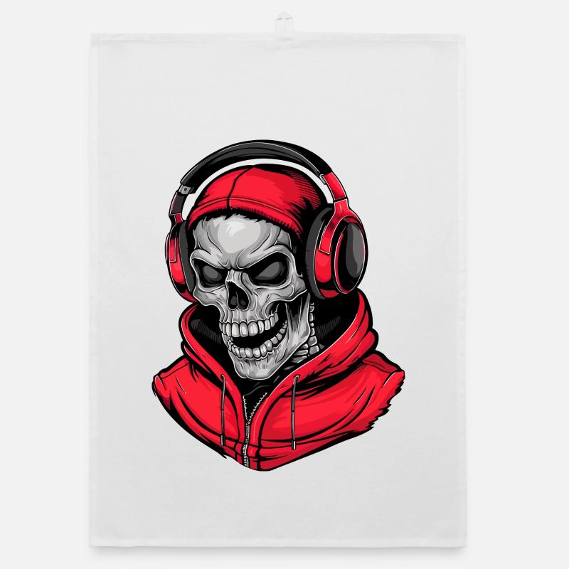 Totenkopf in Rot Kapuzenpullover mit Kopfhörern Organic Geschirrtuch