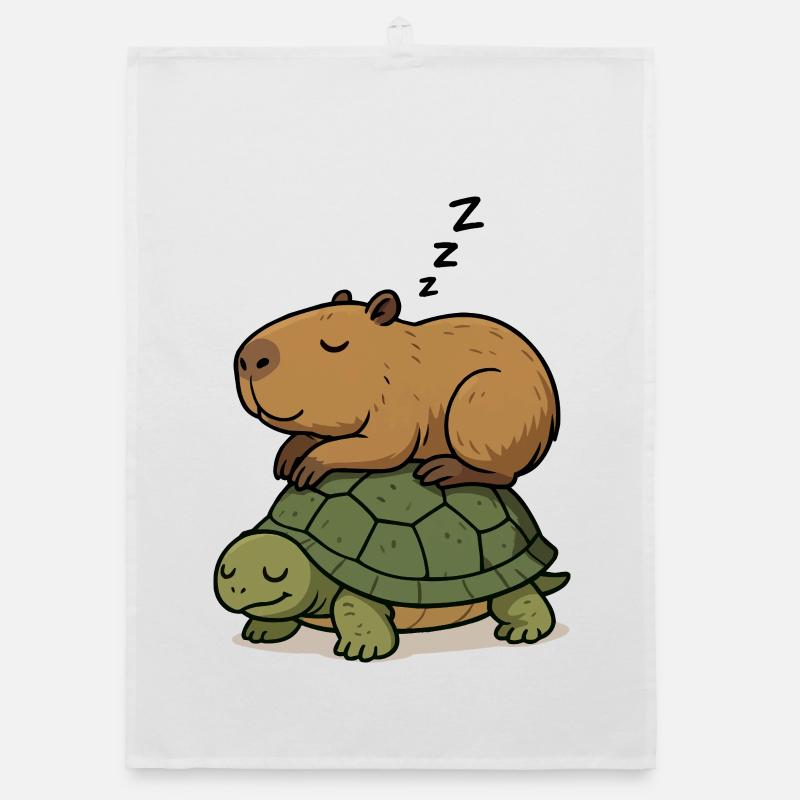 Slumbering capybara on a turtle Organic dish towel