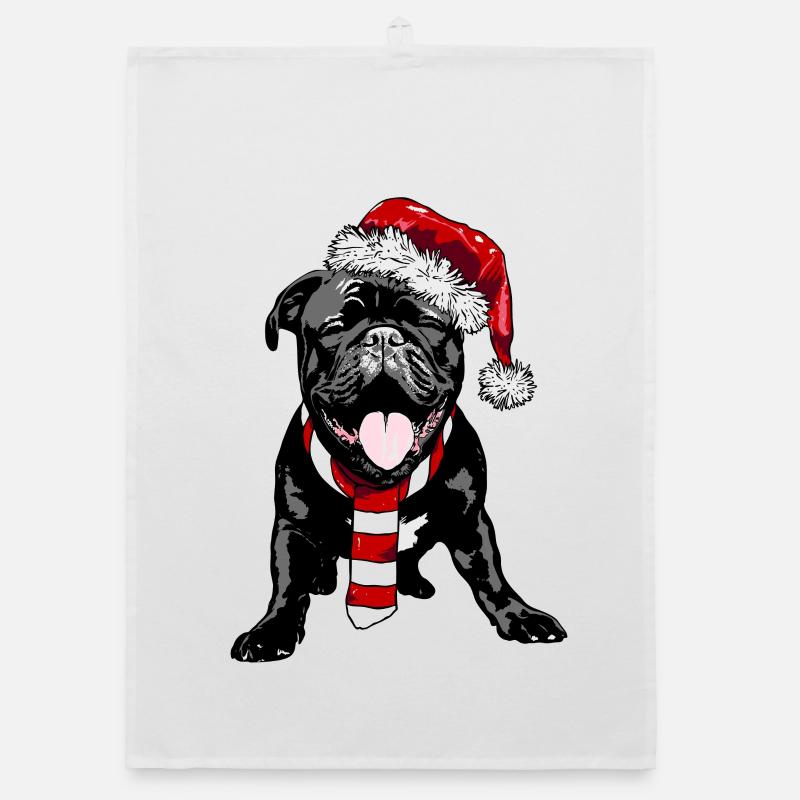 Cute Frenchie with Santa hat and scarf Organic dish towel