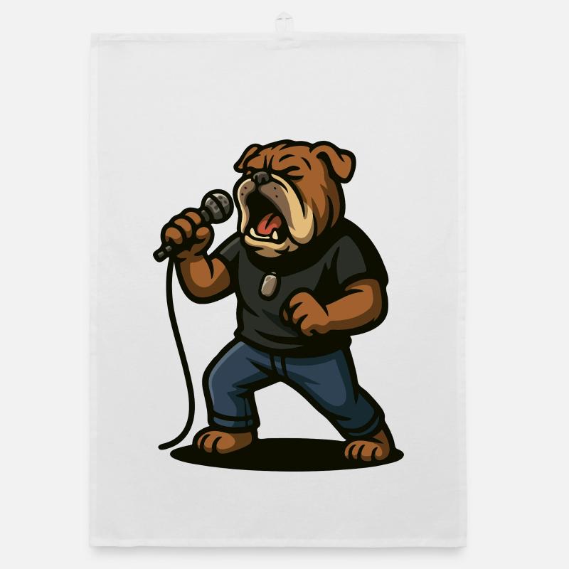 Rock Singer Bulldog with Microphone Art Organic dish towel