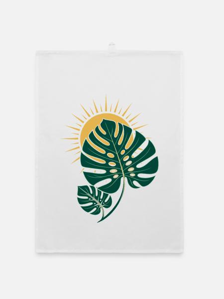 Monstera Blatt mit Sonne – Boho Botanical - Organic Geschirrtuch - Weiß - Vorne