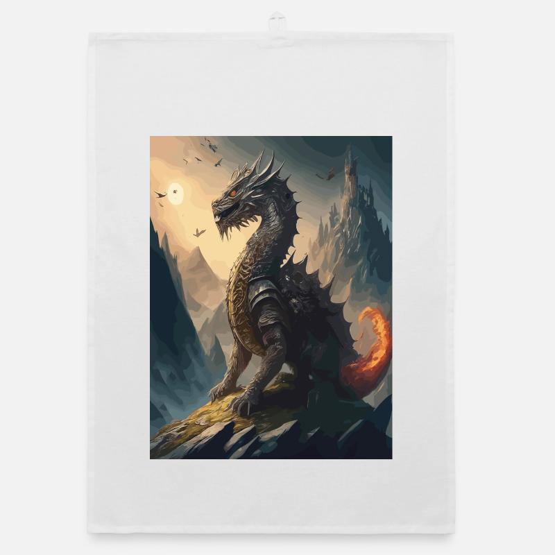 Dragon Warrior Black Red Illustration Organic dish towel